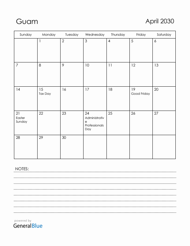 April 2030 Guam Calendar with Holidays (Sunday Start)