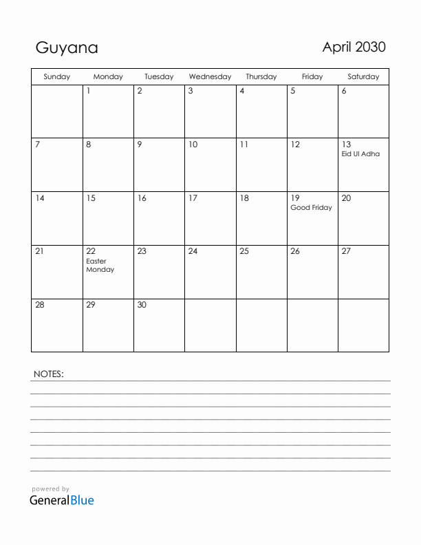 April 2030 Guyana Calendar with Holidays (Sunday Start)