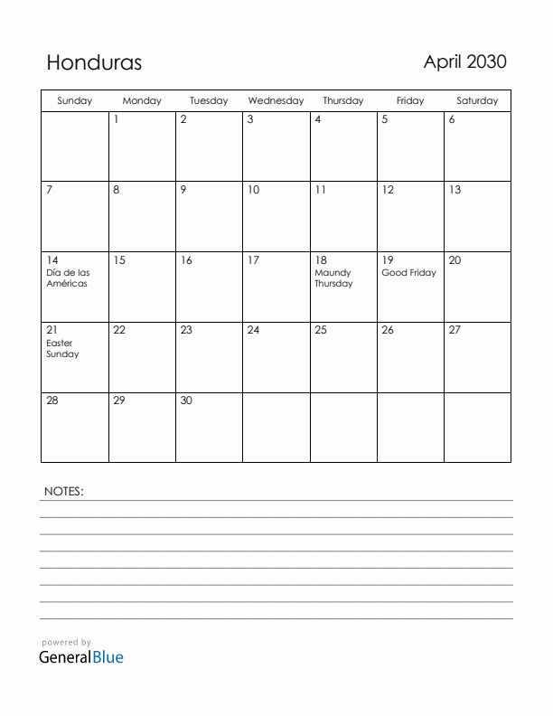 April 2030 Honduras Calendar with Holidays (Sunday Start)