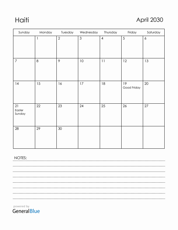 April 2030 Haiti Calendar with Holidays (Sunday Start)