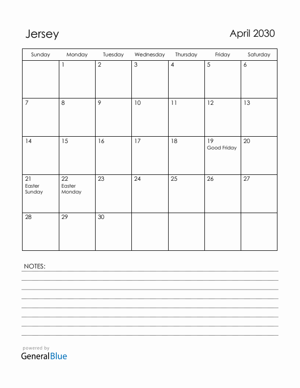 April 2030 Jersey Calendar with Holidays (Sunday Start)