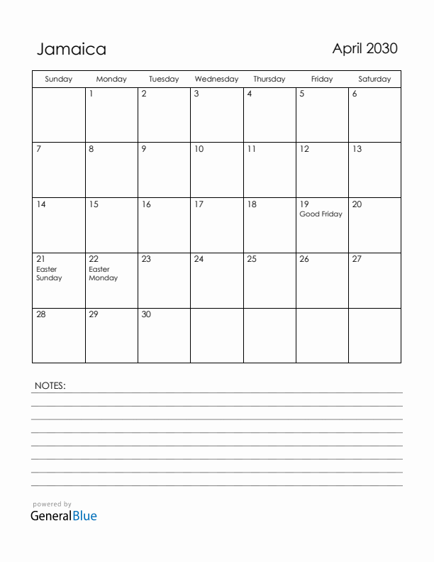 April 2030 Jamaica Calendar with Holidays (Sunday Start)