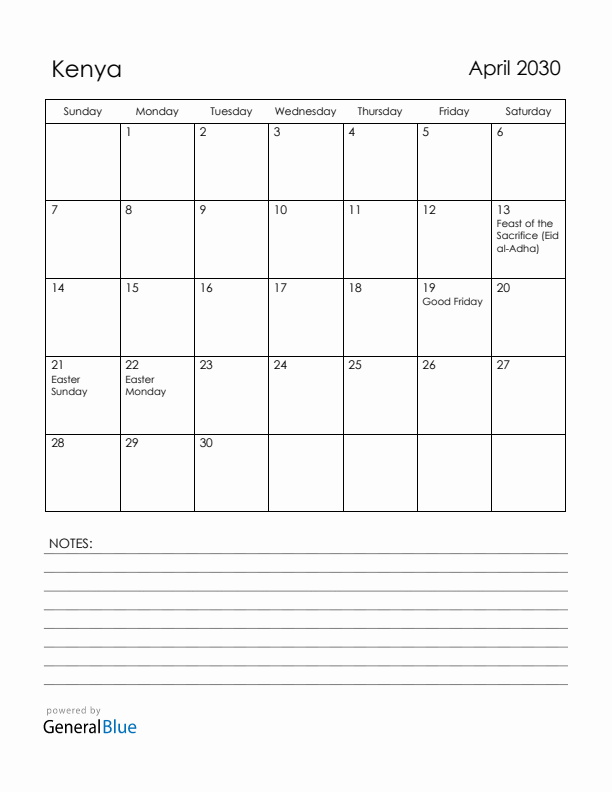 April 2030 Kenya Calendar with Holidays (Sunday Start)
