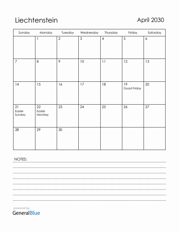 April 2030 Liechtenstein Calendar with Holidays (Sunday Start)