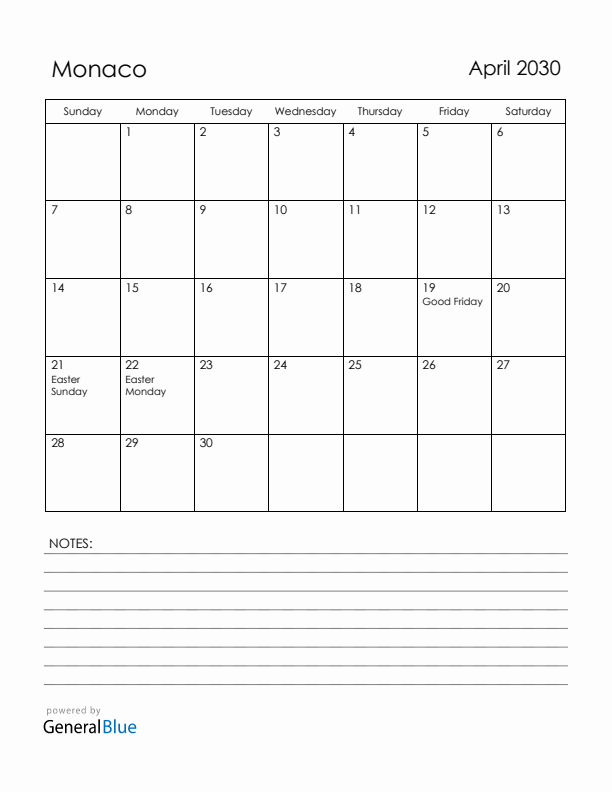 April 2030 Monaco Calendar with Holidays (Sunday Start)