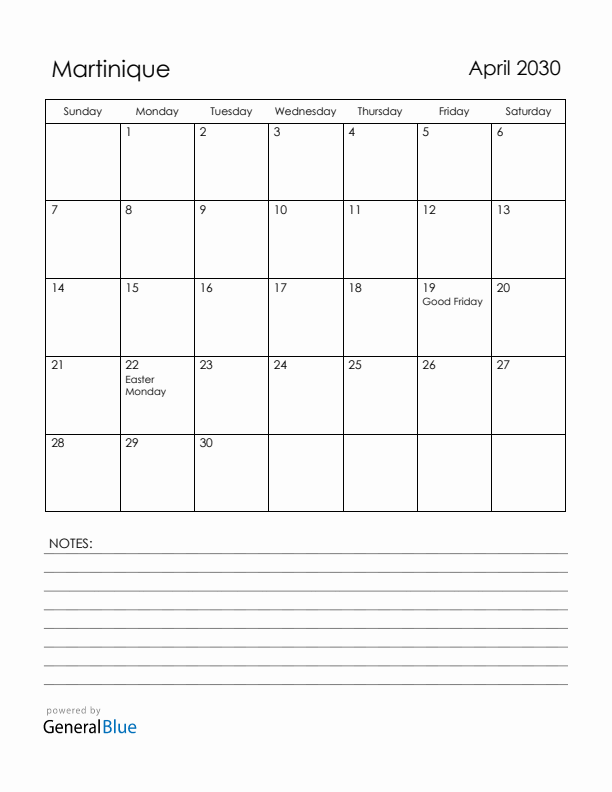 April 2030 Martinique Calendar with Holidays (Sunday Start)