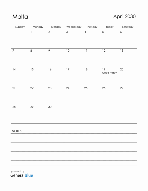 April 2030 Malta Calendar with Holidays (Sunday Start)