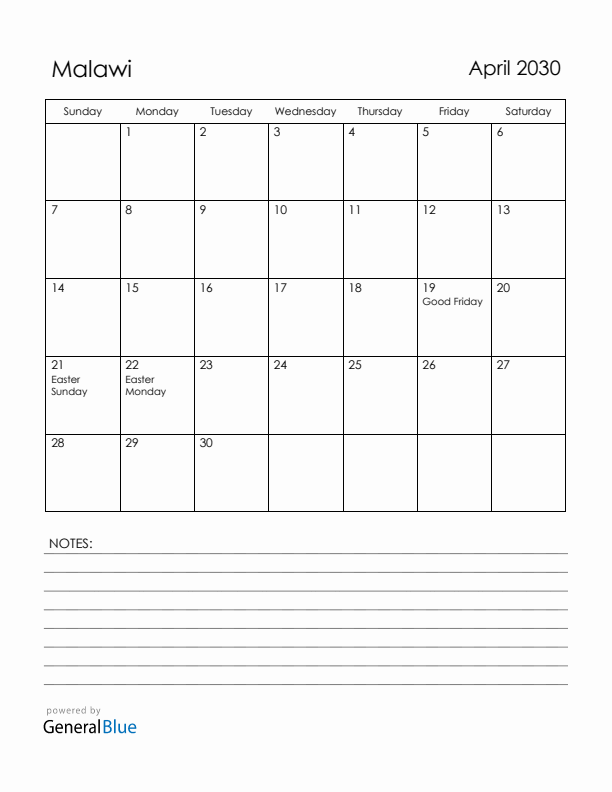 April 2030 Malawi Calendar with Holidays (Sunday Start)