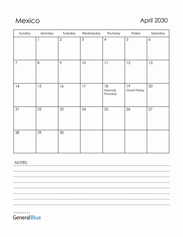 April 2030 Mexico Calendar with Holidays (Sunday Start)