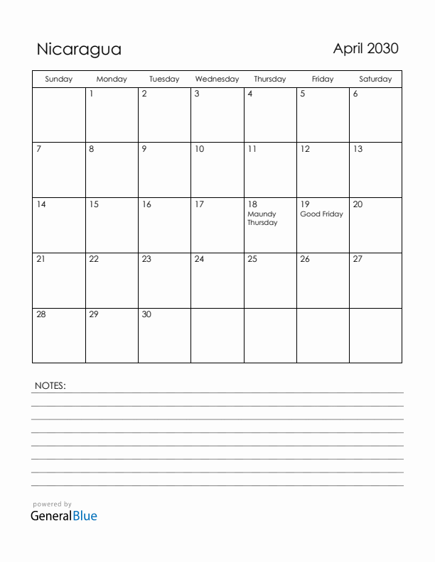 April 2030 Nicaragua Calendar with Holidays (Sunday Start)