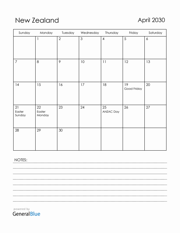 April 2030 New Zealand Calendar with Holidays (Sunday Start)