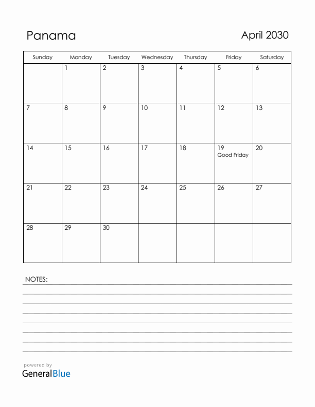 April 2030 Panama Calendar with Holidays (Sunday Start)