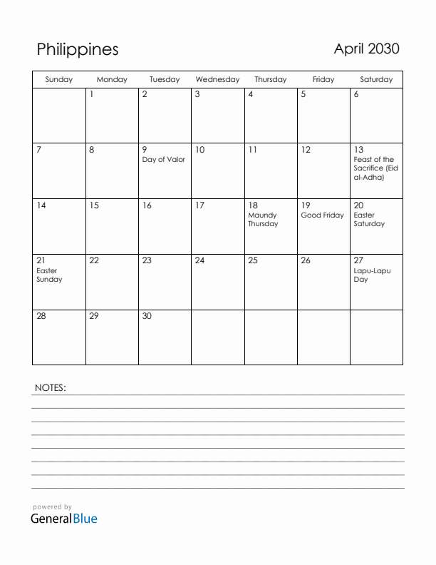 April 2030 Philippines Calendar with Holidays (Sunday Start)