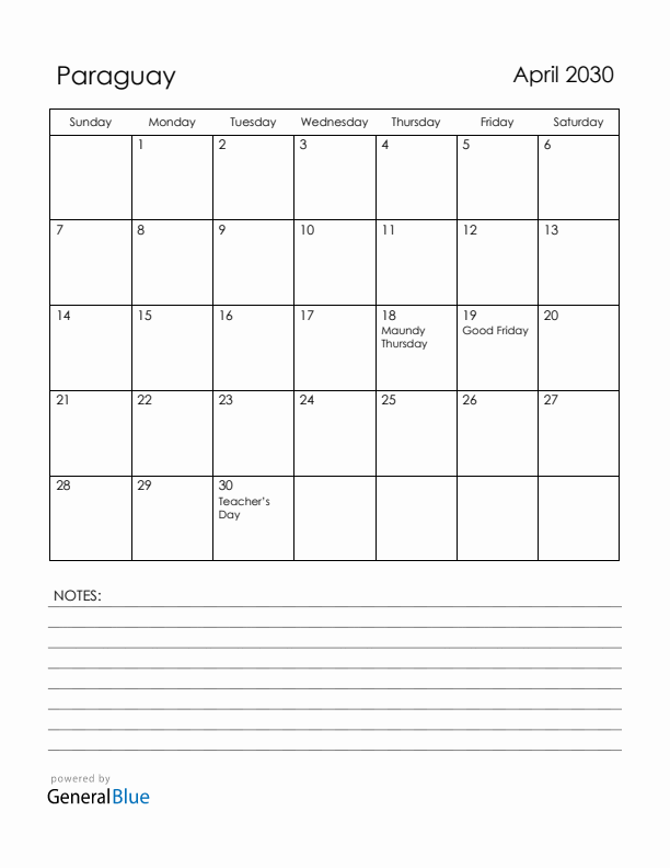 April 2030 Paraguay Calendar with Holidays (Sunday Start)