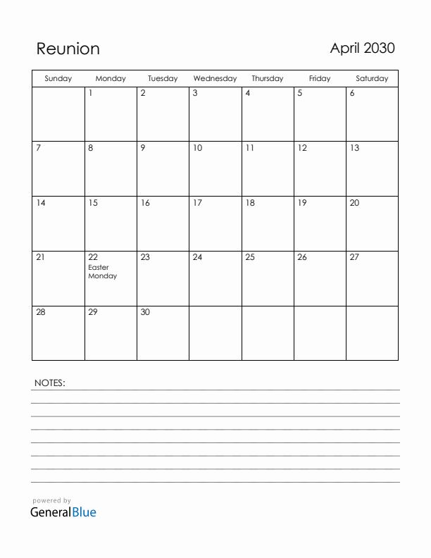 April 2030 Reunion Calendar with Holidays (Sunday Start)