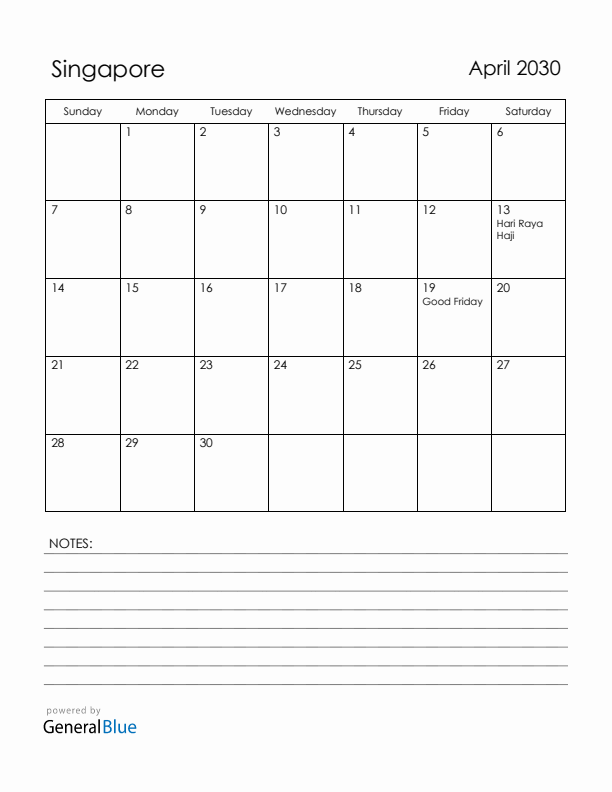 April 2030 Singapore Calendar with Holidays (Sunday Start)