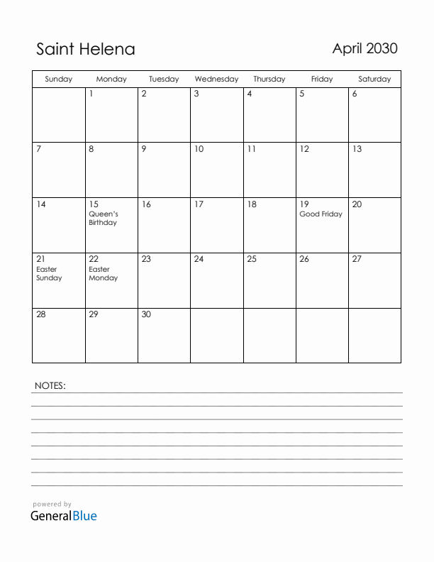 April 2030 Saint Helena Calendar with Holidays (Sunday Start)