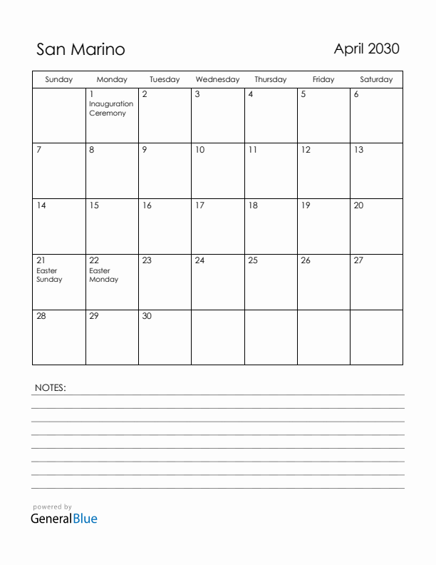April 2030 San Marino Calendar with Holidays (Sunday Start)