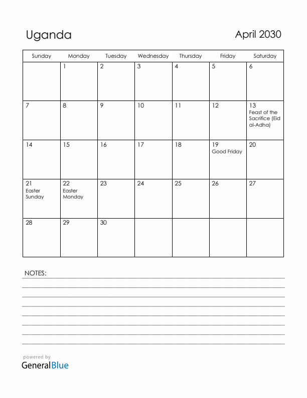 April 2030 Uganda Calendar with Holidays (Sunday Start)
