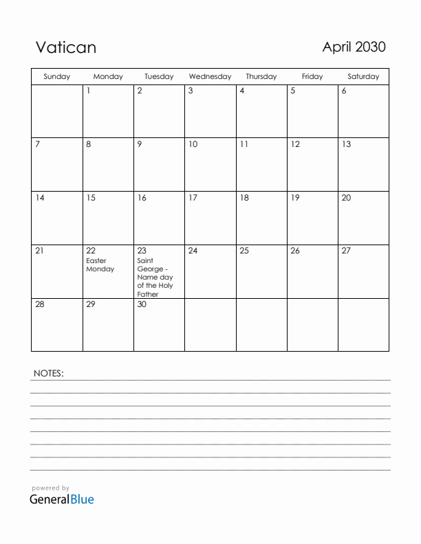 April 2030 Vatican Calendar with Holidays (Sunday Start)