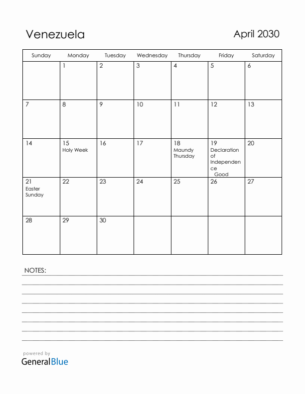 April 2030 Venezuela Calendar with Holidays (Sunday Start)