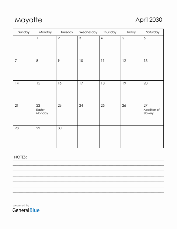 April 2030 Mayotte Calendar with Holidays (Sunday Start)