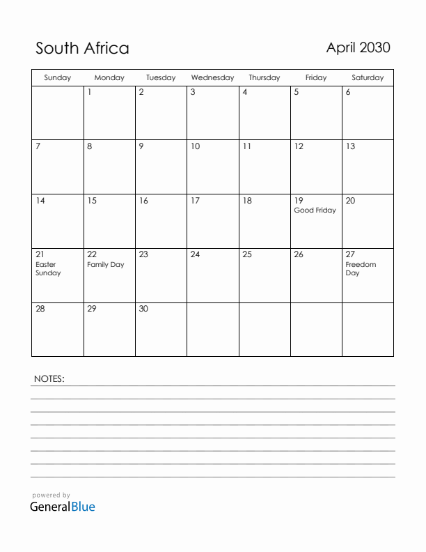 April 2030 South Africa Calendar with Holidays (Sunday Start)