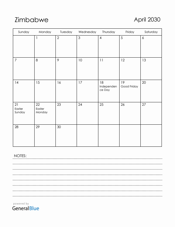 April 2030 Zimbabwe Calendar with Holidays (Sunday Start)
