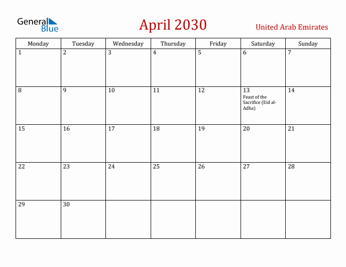 United Arab Emirates April 2030 Calendar - Monday Start
