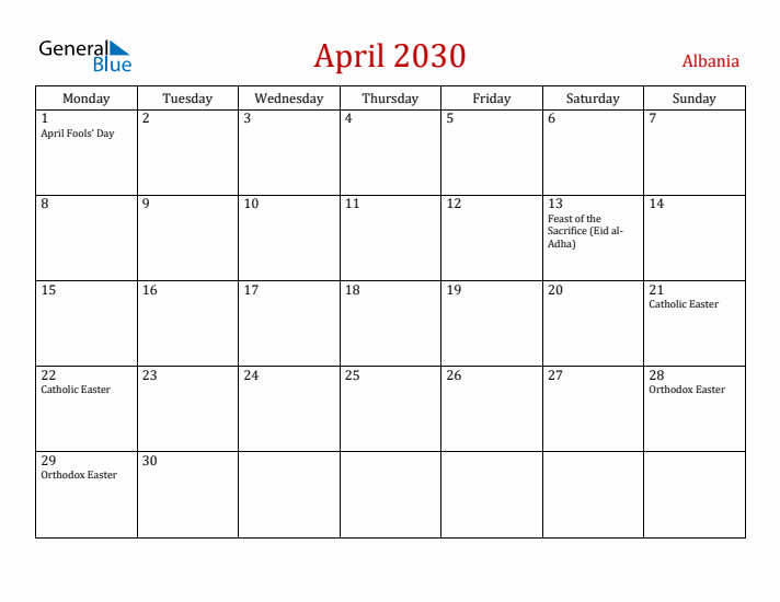 Albania April 2030 Calendar - Monday Start