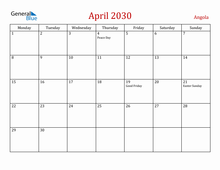 Angola April 2030 Calendar - Monday Start