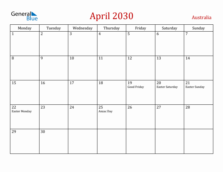 Australia April 2030 Calendar - Monday Start