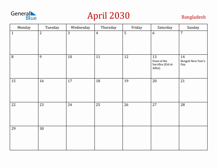 Bangladesh April 2030 Calendar - Monday Start
