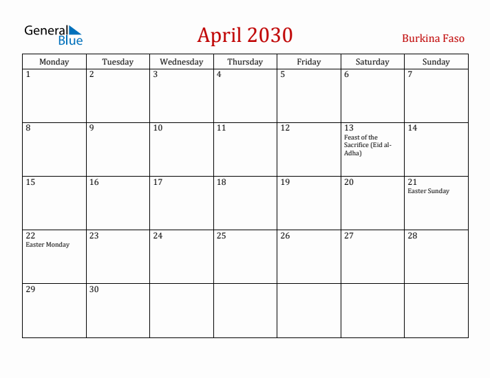 Burkina Faso April 2030 Calendar - Monday Start