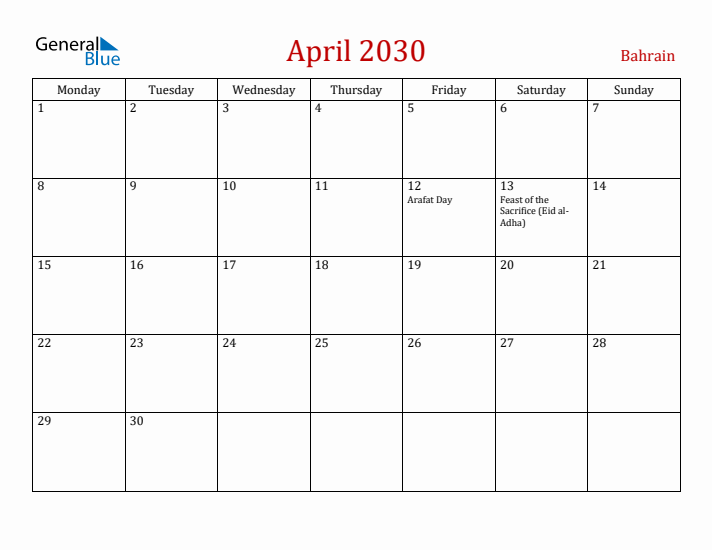 Bahrain April 2030 Calendar - Monday Start