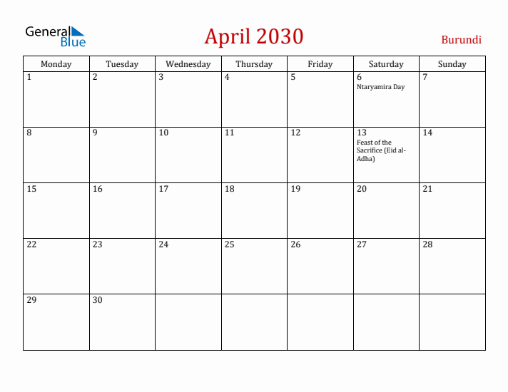 Burundi April 2030 Calendar - Monday Start