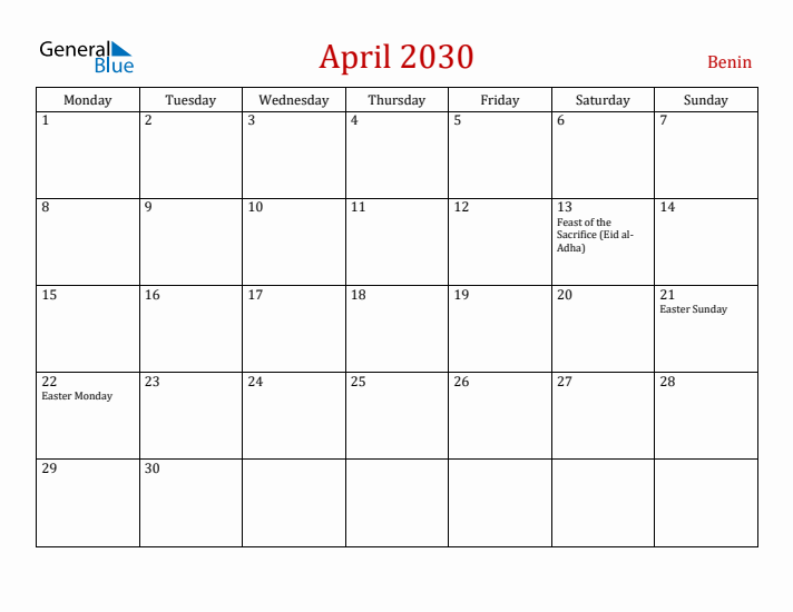 Benin April 2030 Calendar - Monday Start
