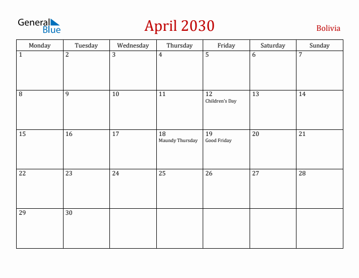 Bolivia April 2030 Calendar - Monday Start