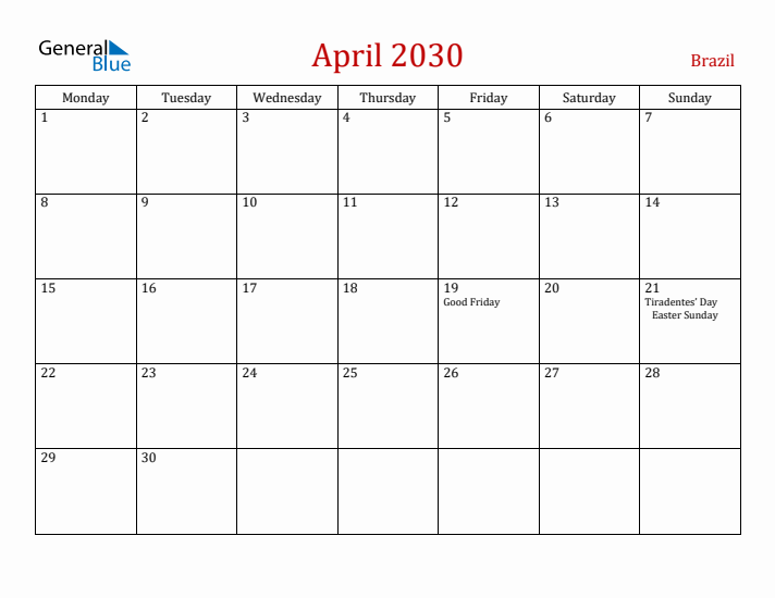 Brazil April 2030 Calendar - Monday Start