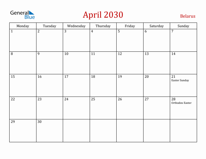 Belarus April 2030 Calendar - Monday Start