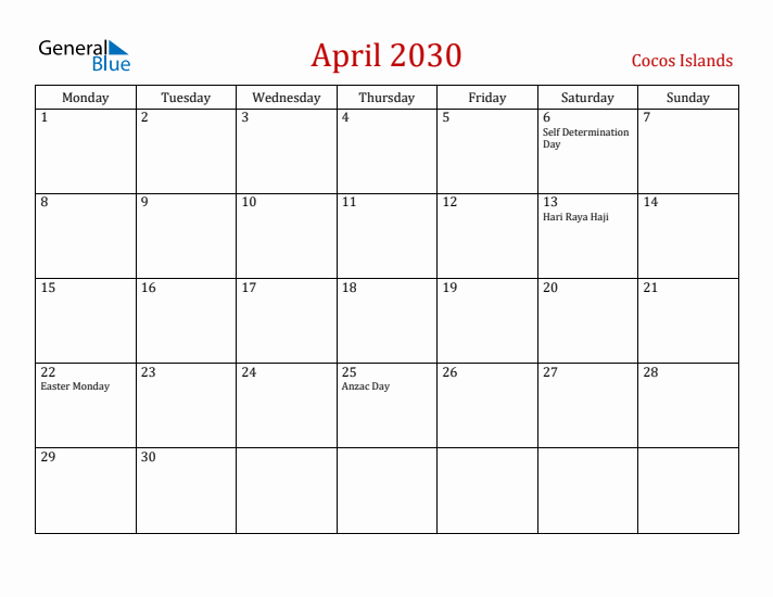 Cocos Islands April 2030 Calendar - Monday Start