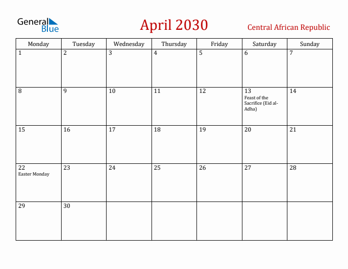 Central African Republic April 2030 Calendar - Monday Start