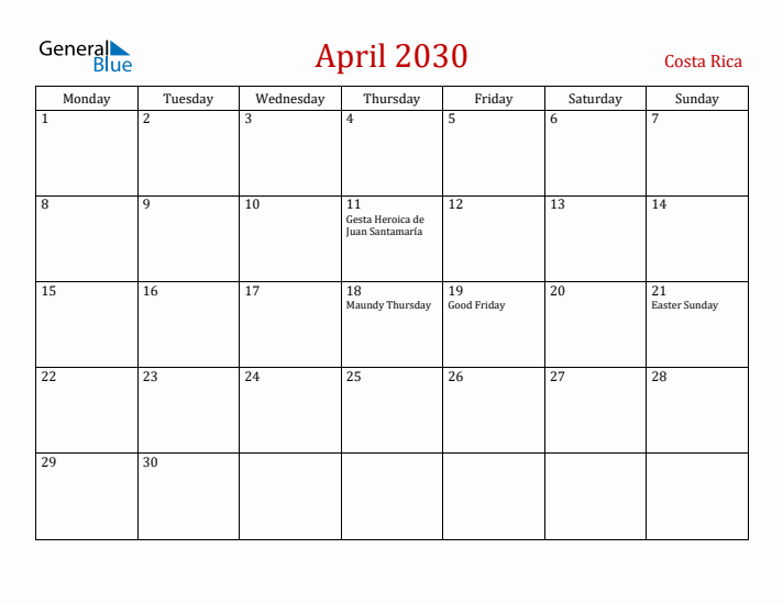 Costa Rica April 2030 Calendar - Monday Start