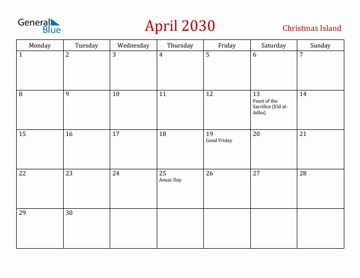 Christmas Island April 2030 Calendar - Monday Start