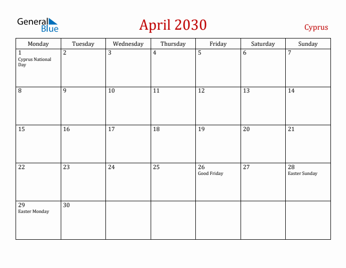 Cyprus April 2030 Calendar - Monday Start