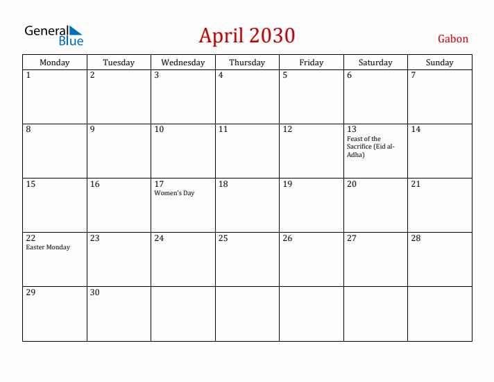 Gabon April 2030 Calendar - Monday Start