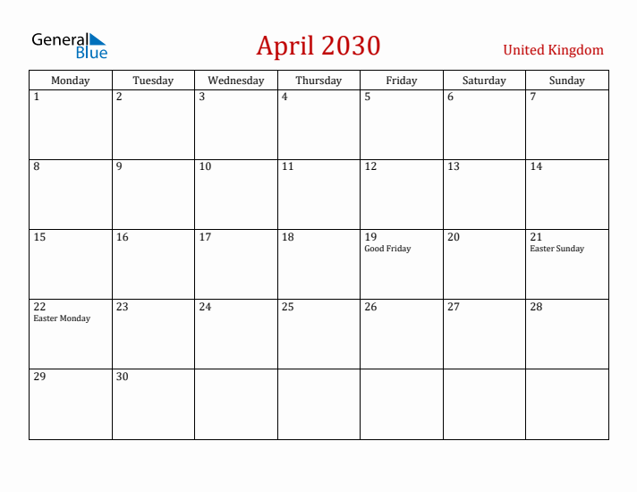 United Kingdom April 2030 Calendar - Monday Start