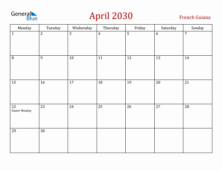 French Guiana April 2030 Calendar - Monday Start