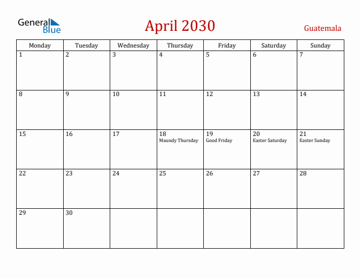 Guatemala April 2030 Calendar - Monday Start