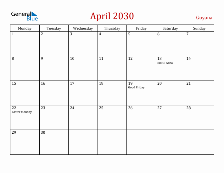 Guyana April 2030 Calendar - Monday Start